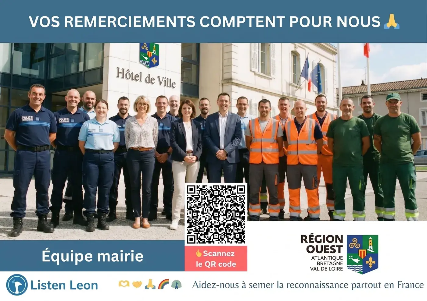 Affiche Listen Leon pour l’équipe municipale devant la mairie