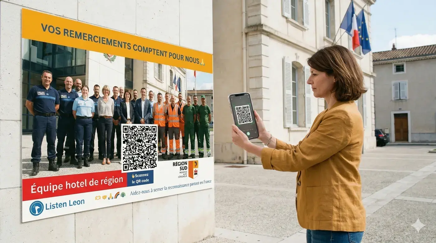 Exemple de mise en situation&nbsp;: une habitante scanne le QR code d’une affiche Listen Leon