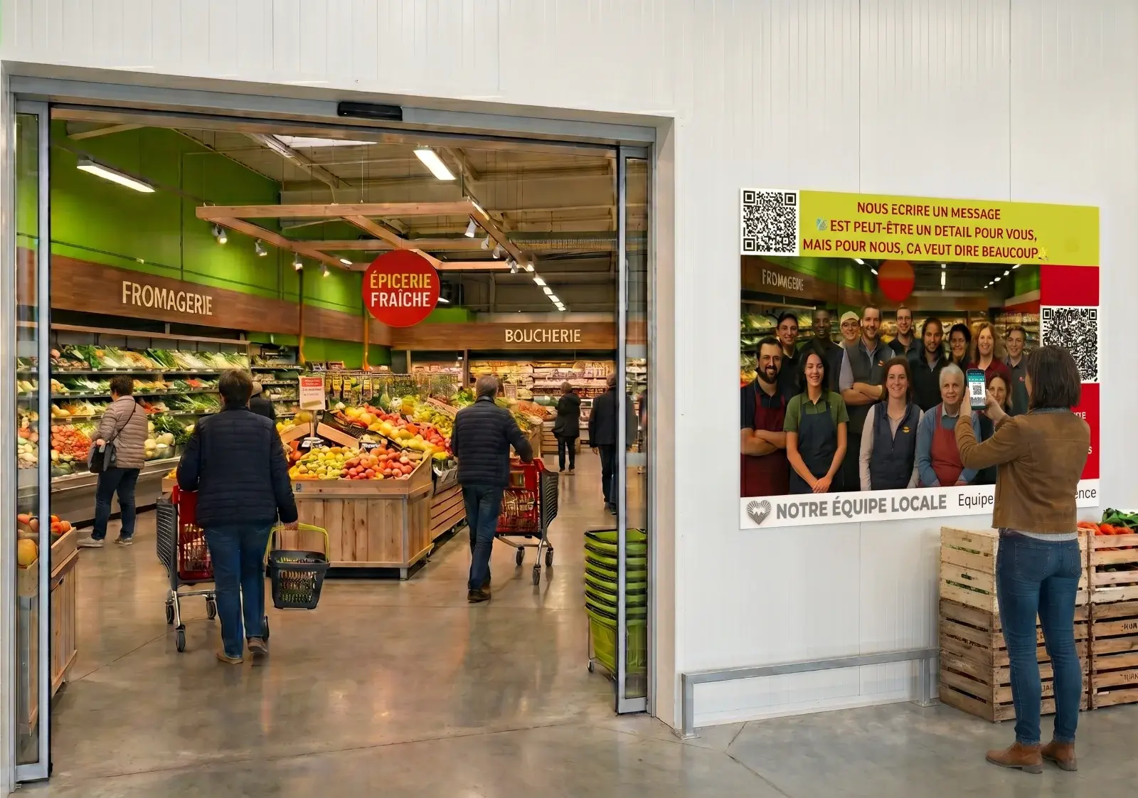Affiche Listen Leon avec QR code à l'entrée d'un magasin, une cliente scanne le code pour remercier l'équipe