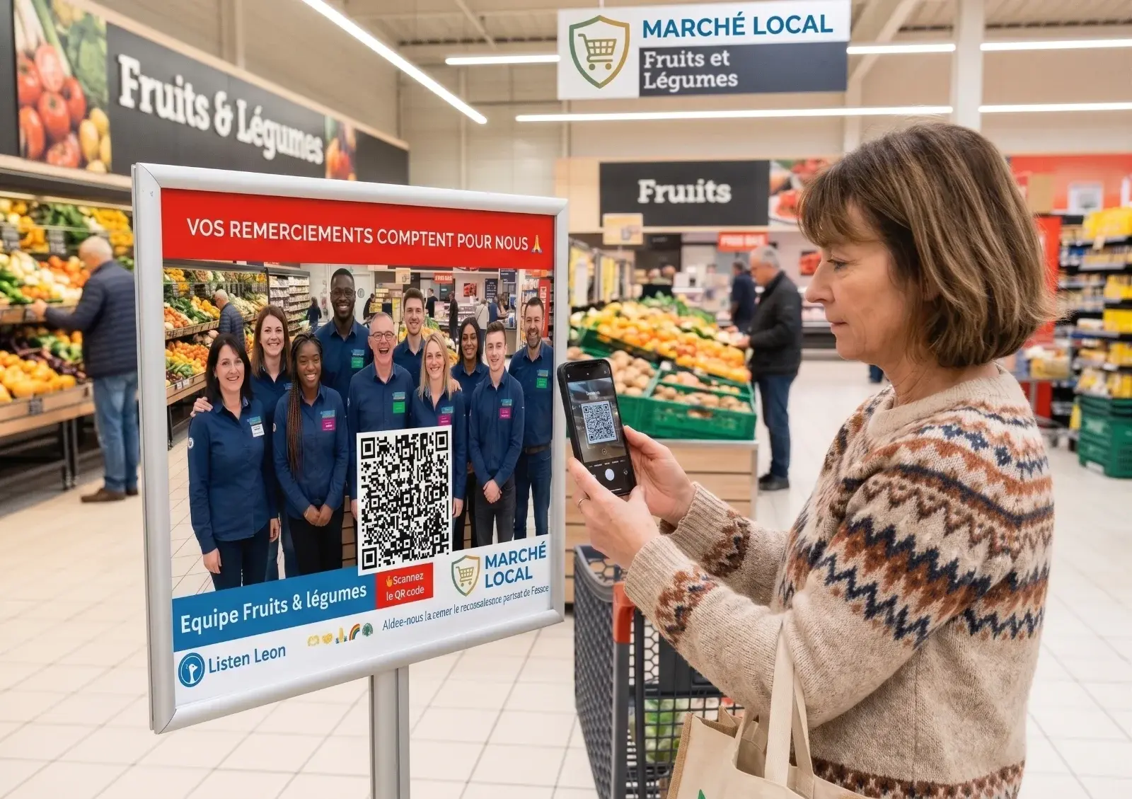 Une cliente scanne le QR code au rayon fruits et légumes