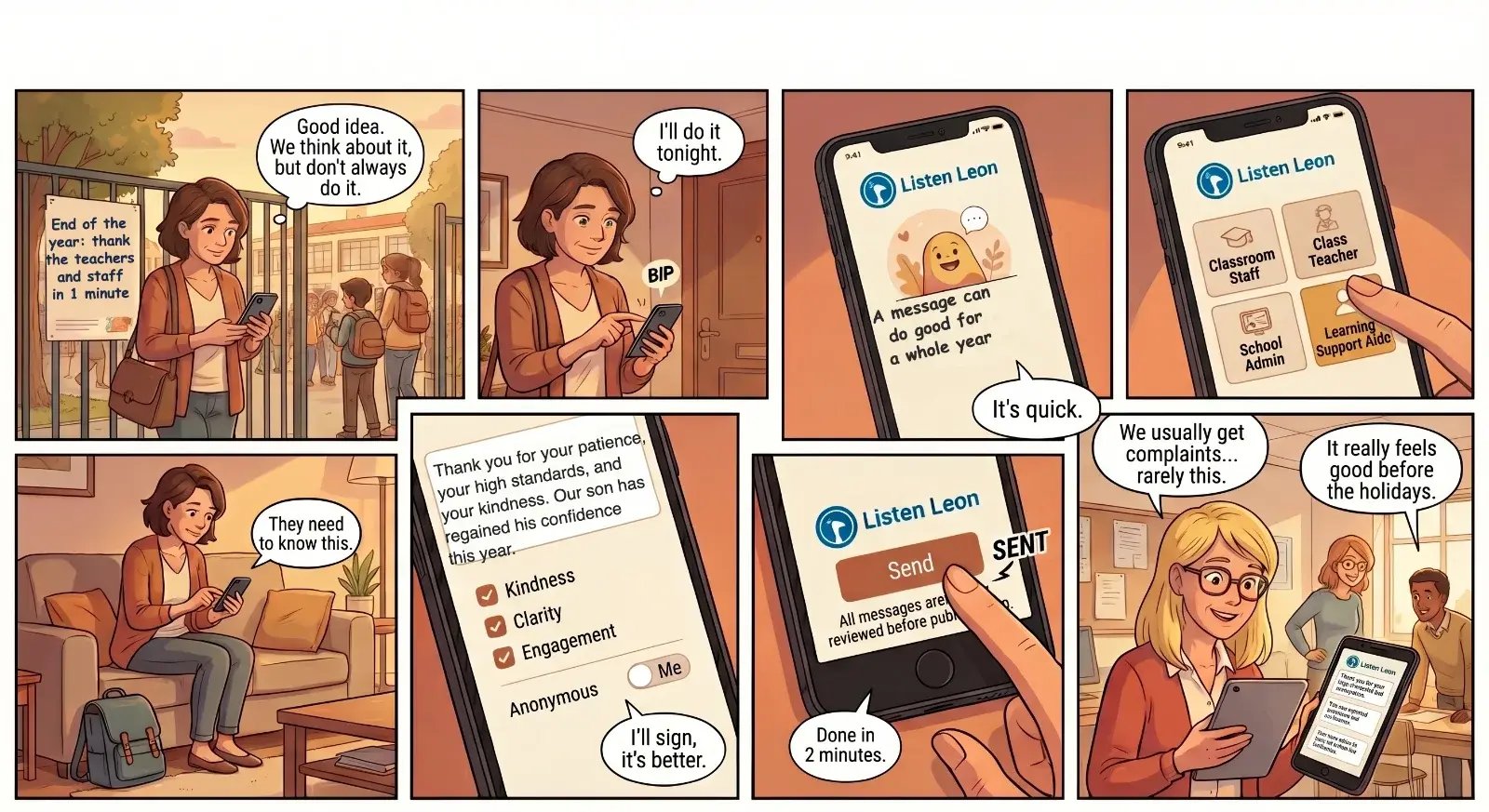 Comic strip: at the school gate, a mom scans the poster and writes a thank-you that evening