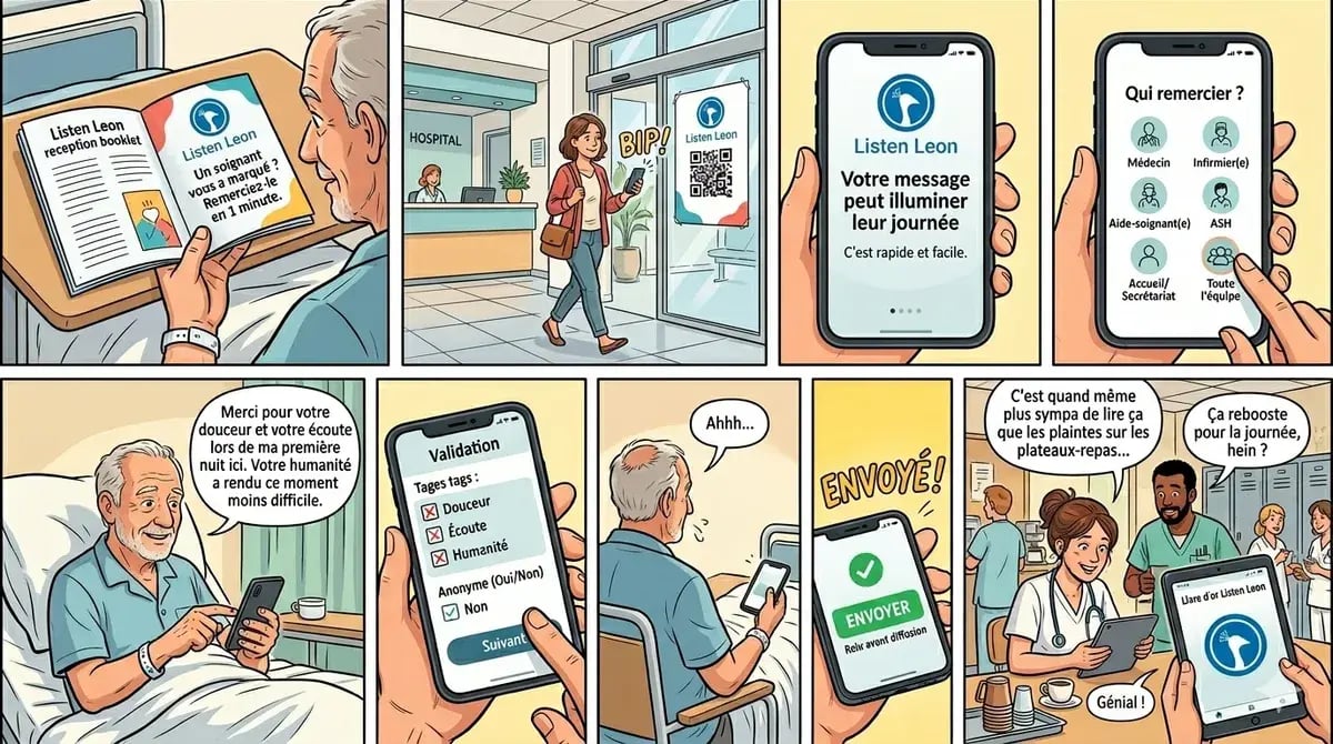 Un patient scanne le QR code Listen Leon, choisit une émotion, écrit son message et l’équipe soignante le découvre
