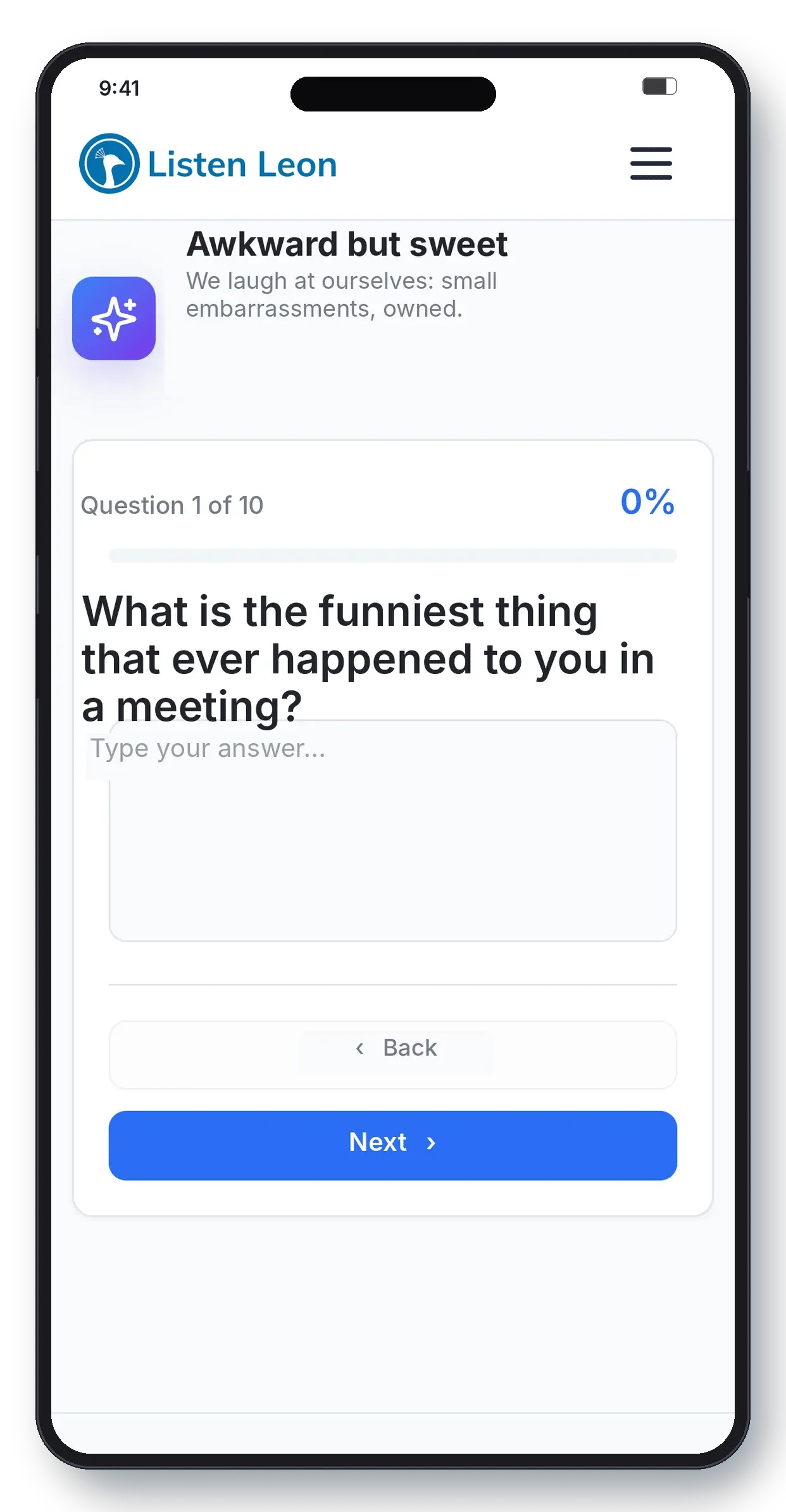 Trust Builder screen: customizable question themes