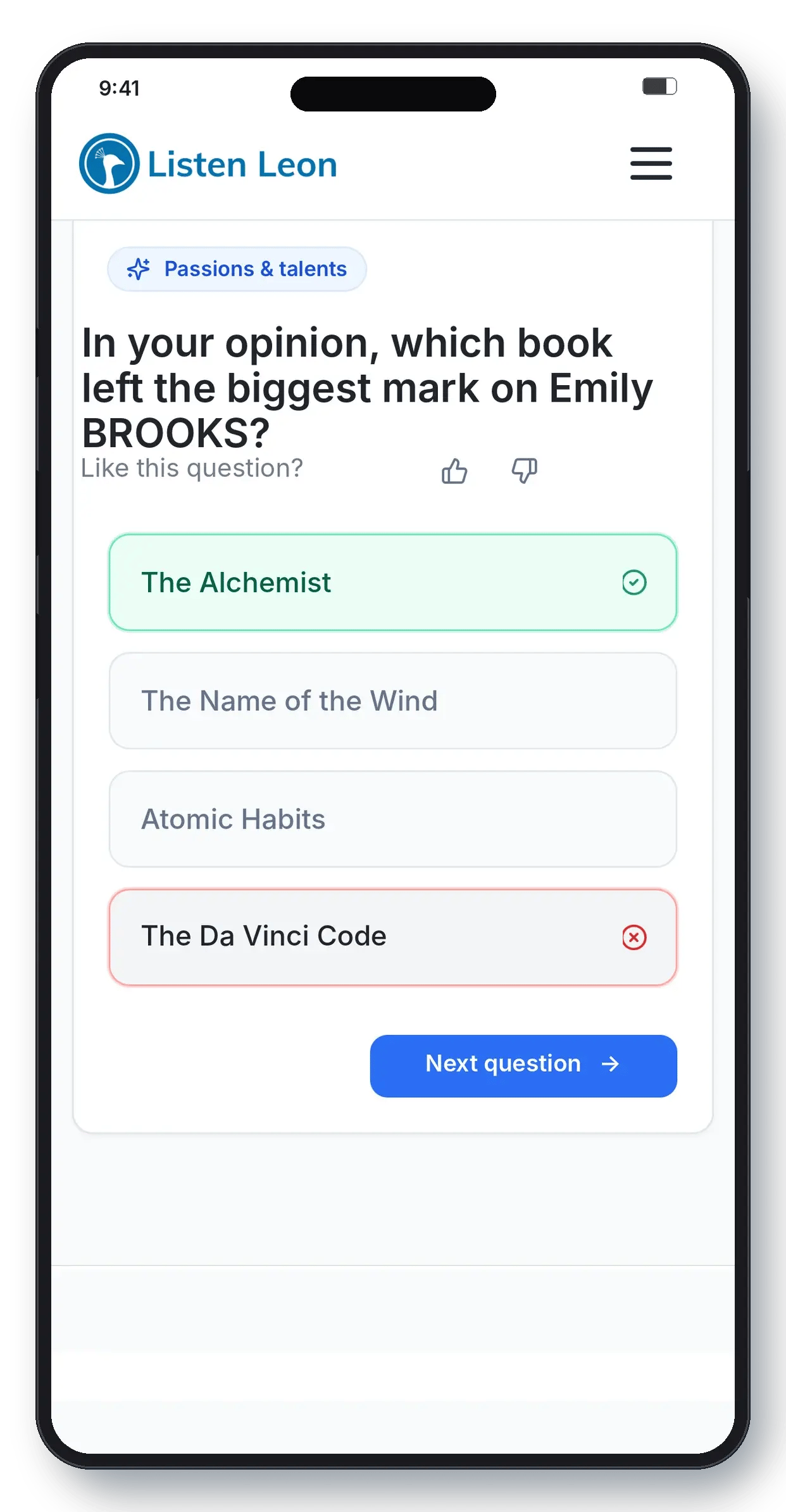 Trust Builder screen: answering questions at your own pace