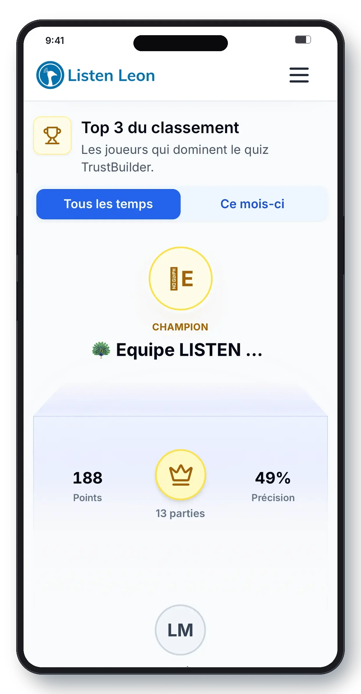 Écran Trust Builder : le classement final des joueurs