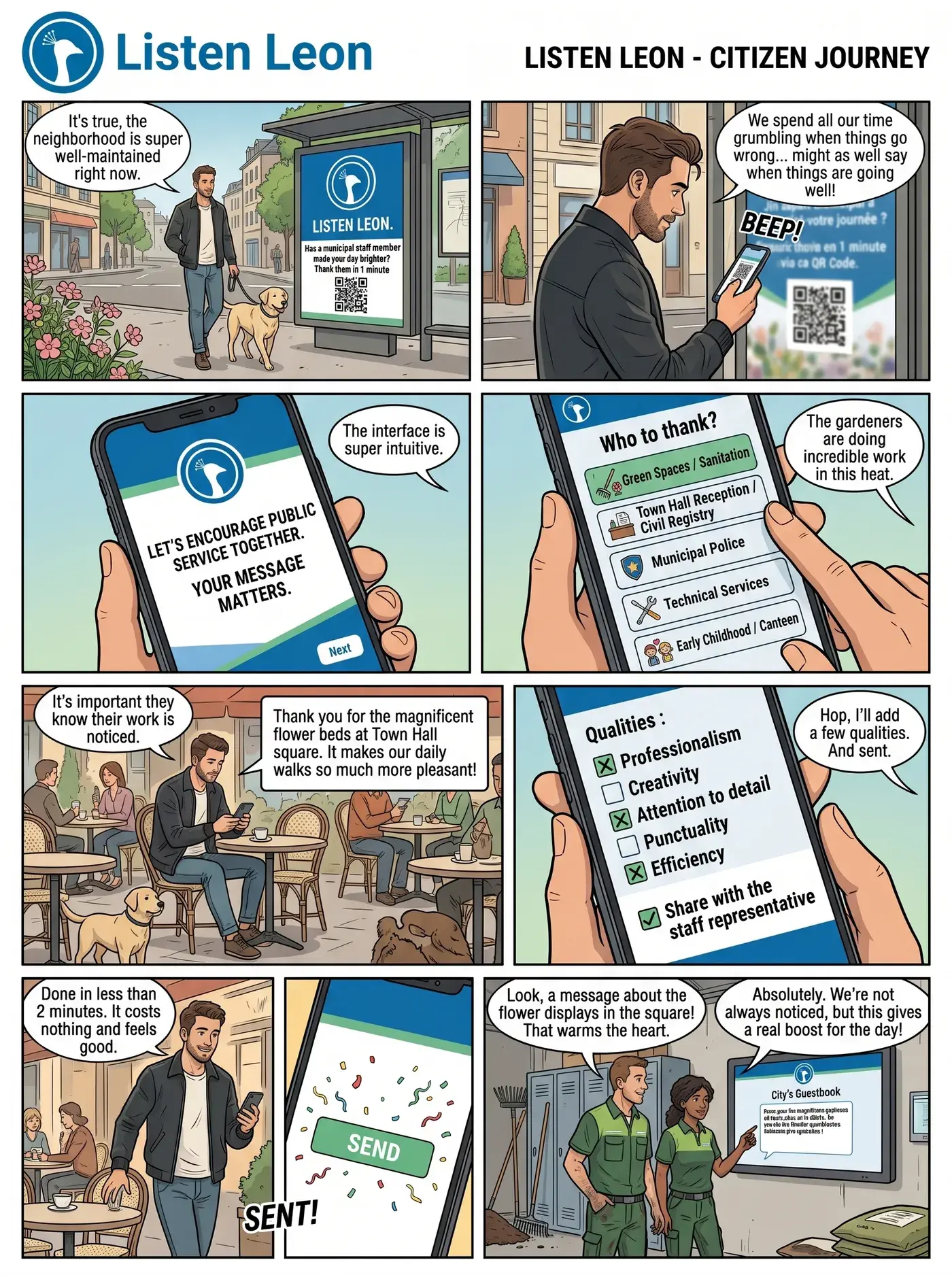 Comic strip: the Listen Leon resident journey, a resident thanks their city's teams