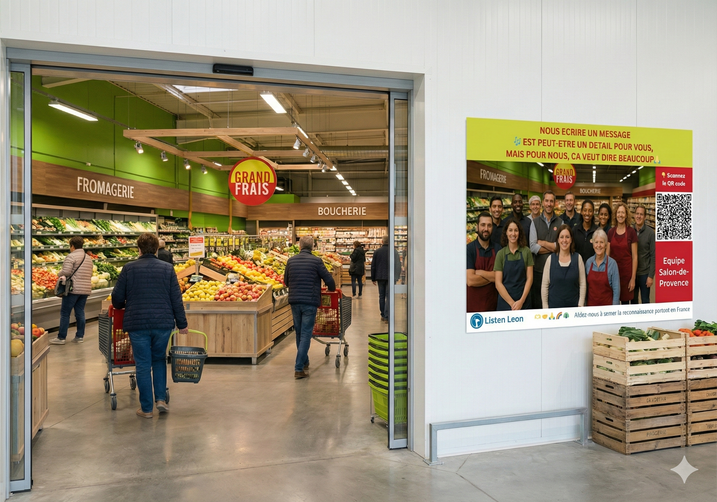 Affiche Listen Leon avec QR code à l'entrée d'un magasin de grande distribution, équipe en rayon fruits et légumes