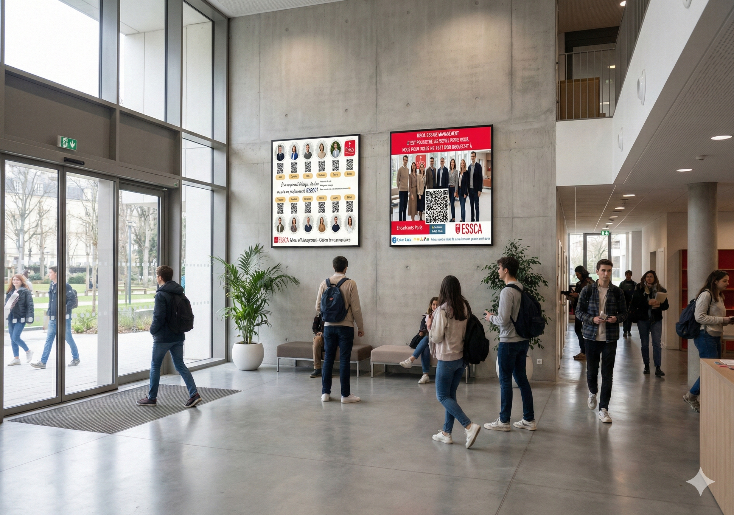 Des étudiants passent devant des affiches Listen Leon avec QR code dans le hall d'une école