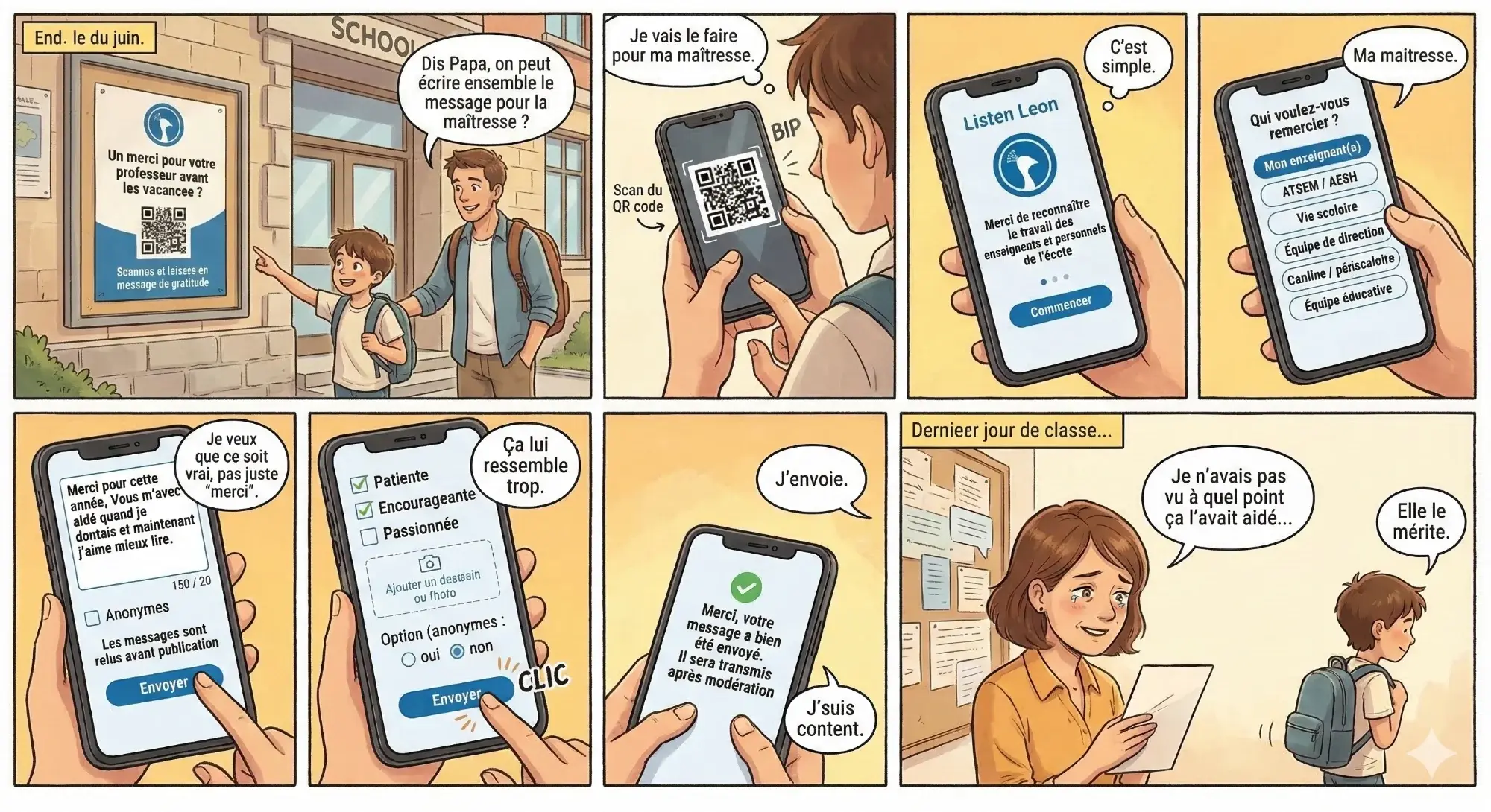 BD : un élève et son papa remercient la maîtresse via Listen Leon