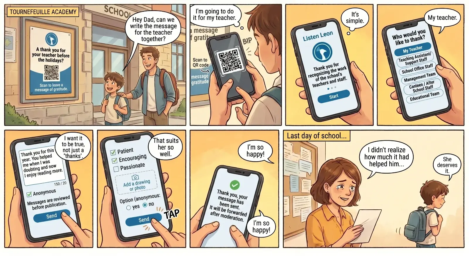 Comic strip: on the last day of school, a student and his dad write together to their teacher