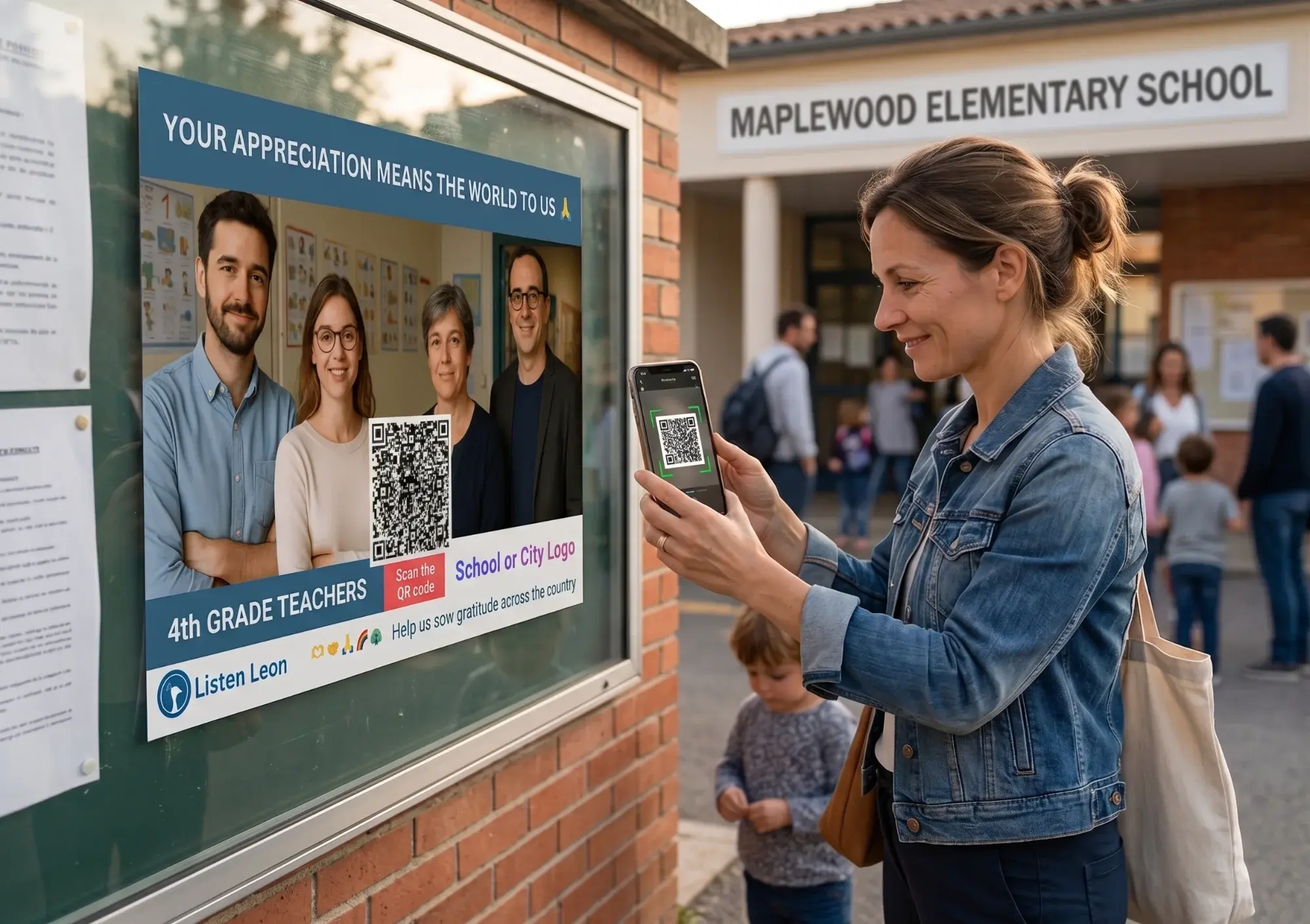 A parent scanning the QR code at the school gate