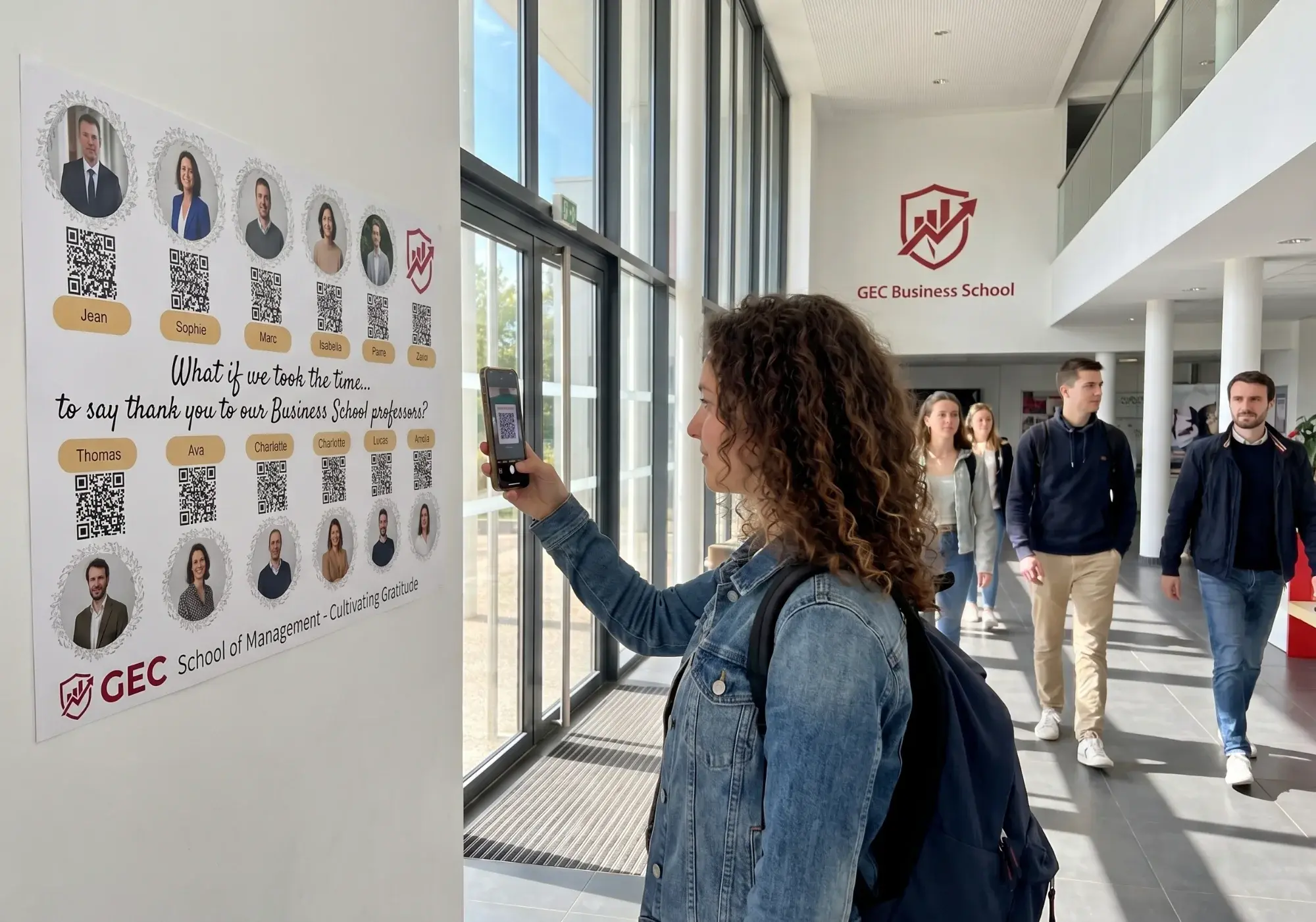 Students walk past Listen Leon posters with QR codes on campus