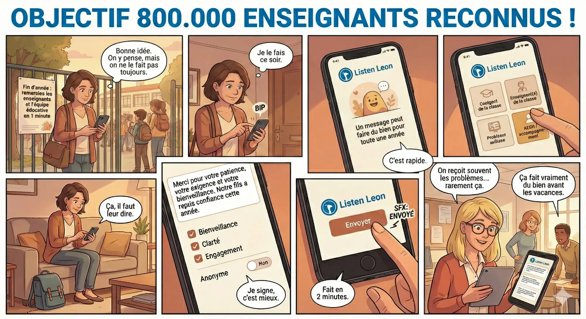 BD : une maman scanne le QR code et remercie les enseignants via Listen Leon