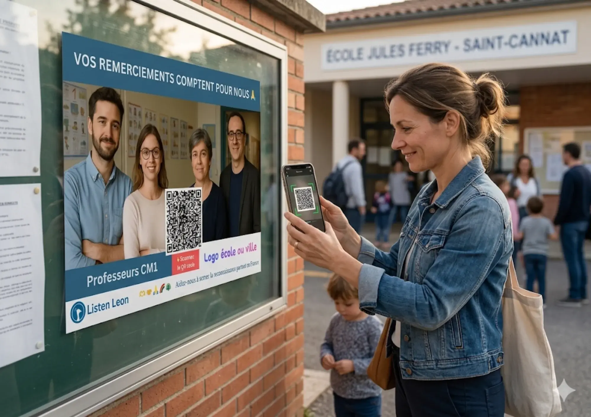 Une maman scanne le QR code Listen Leon affiché au portail de l’école