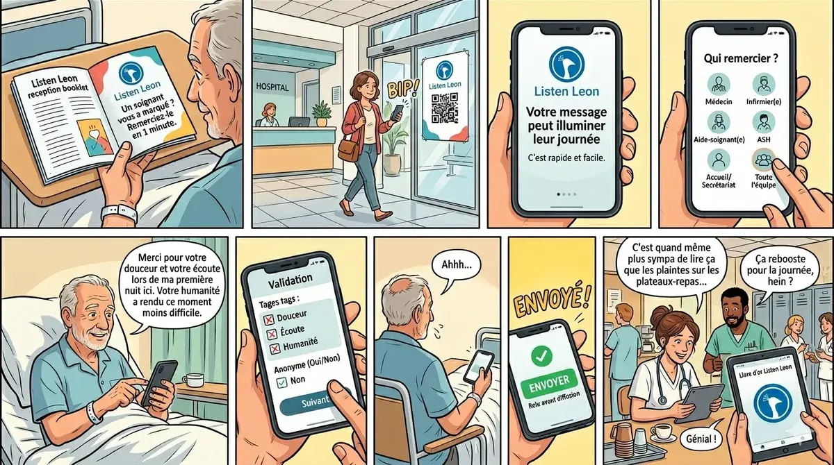 Un patient scanne le QR code Listen Leon, choisit une émotion, écrit son message et l’équipe soignante le découvre