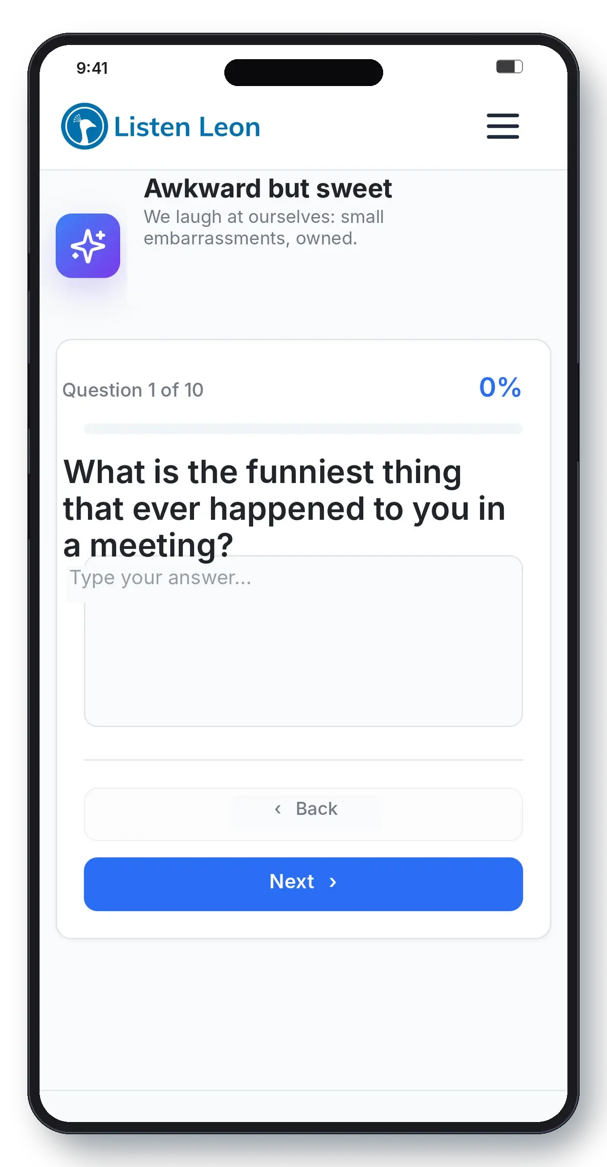 Trust Builder screen: customizable question themes
