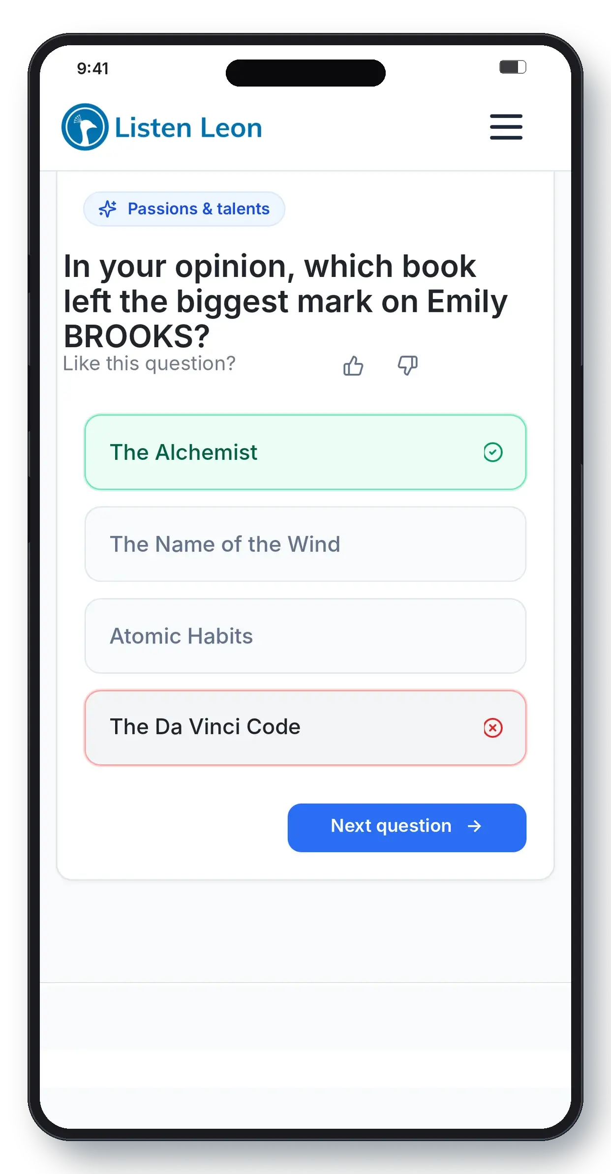 Trust Builder screen: answering questions at your own pace