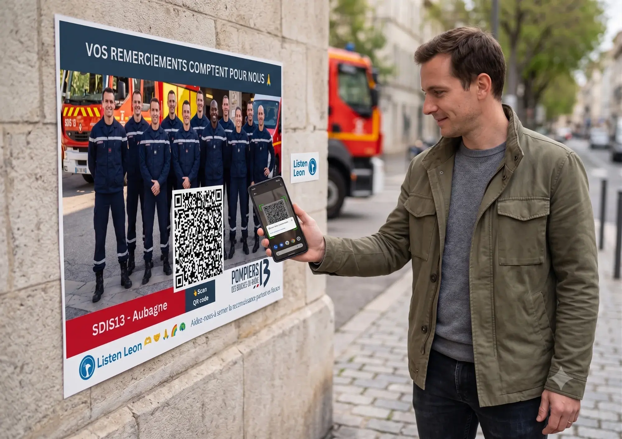 Un passant flashe l'affiche Listen Leon de la caserne